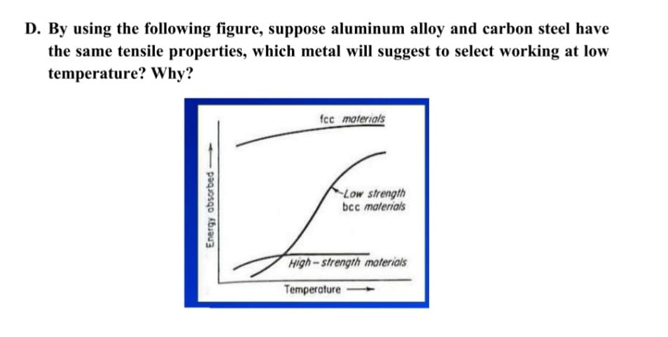 D. By using the following figure, suppose aluminum alloy and carbon steel have
the same tensile properties, which metal will suggest to select working at low
temperature? Why?
fcc materials
Low strength
bcc materials
High-strength materials
Temperature
Energy absorbed
