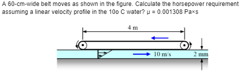 A 60-cm-wide belt moves as shown in the figure. Calculate the horsepower requirement
assuming a linear velocity profile in the 100 C water? μ = 0.001308 Paxs
4 m
10 m/s
2 mm