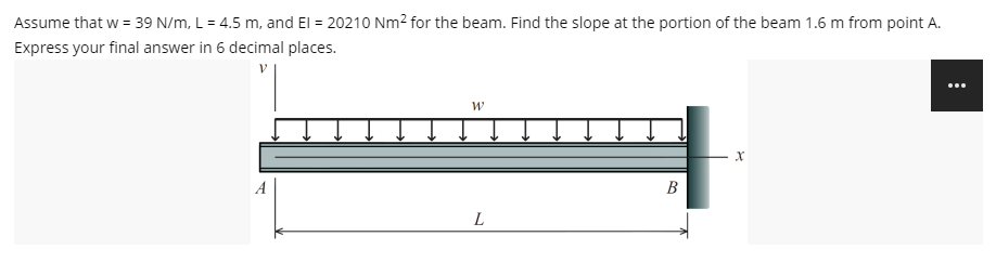 Assume that w = 39 N/m, L = 4.5 m, and El = 20210 Nm2 for the beam. Find the slope at the portion of the beam 1.6 m from point A.
Express your final answer in 6 decimal places.
...
A
B
