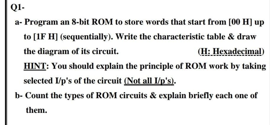 Q1-
a- Program an 8-bit ROM to store words that start from [00 H] up
to [1F H] (sequentially). Write the characteristic table & draw
the diagram of its circuit.
(H: Hexadecimal)
HINT: You should explain the principle of ROM work by taking
selected I/p's of the circuit (Not all I/p's).
b- Count the types of ROM circuits & explain briefly each one of
them.
