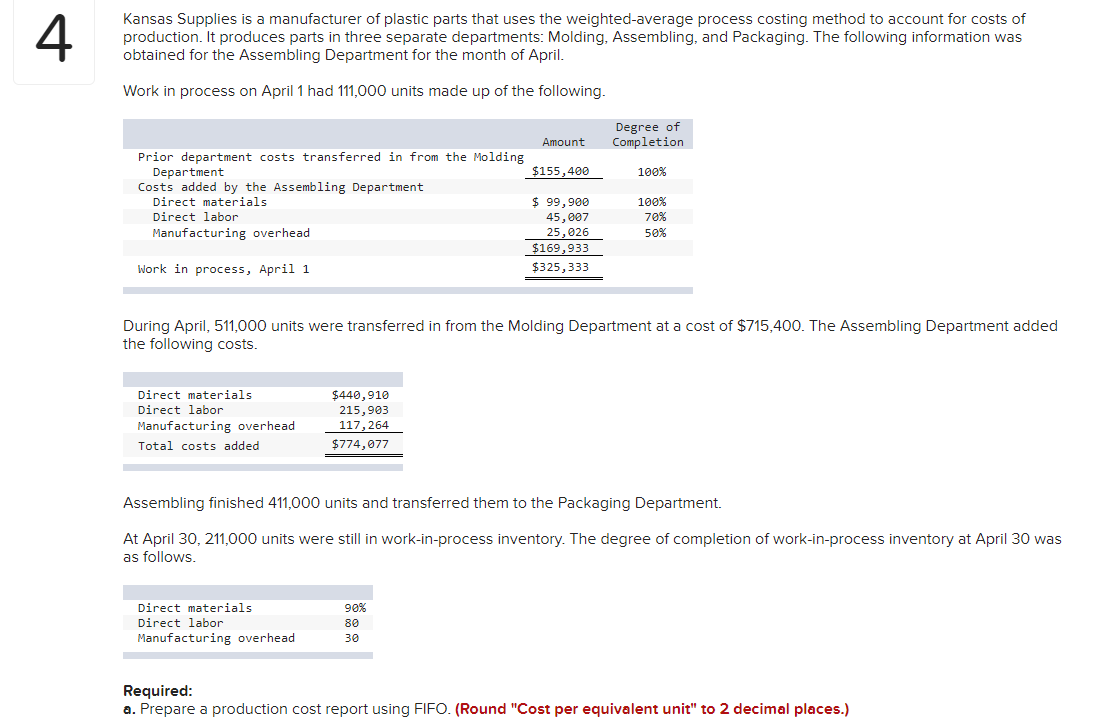 4
Kansas Supplies is a manufacturer of plastic parts that uses the weighted-average process costing method to account for costs of
production. It produces parts in three separate departments: Molding, Assembling, and Packaging. The following information was
obtained for the Assembling Department for the month of April.
Work in process on April 1 had 111,000 units made up of the following.
Degree of
Completion
Amount
Prior department costs transferred in from the Molding
Department
Costs added by the Assembling Department
Direct materials
$155,400
100%
$ 99,900
100%
70%
Direct labor
45,007
25,026
Manufacturing overhead
50%
$169,933
Work in process, April 1
$325,333
During April, 511,000 units were transferred in from the Molding Department at a cost of $715,400. The Assembling Department added
the following costs.
Direct materials
$440,910
Direct labor
215,903
Manufacturing overhead
_117, 264
Total costs added
$774,077
Assembling finished 411,000 units and transferred them to the Packaging Department.
At April 30, 211,000 units were still in work-in-process inventory. The degree of completion of work-in-process inventory at April 30 was
as follows.
Direct materials
90%
Direct labor
80
Manufacturing overhead
30
Required:
a. Prepare a production cost report using FIFO. (Round "Cost per equivalent unit" to 2 decimal places.)
