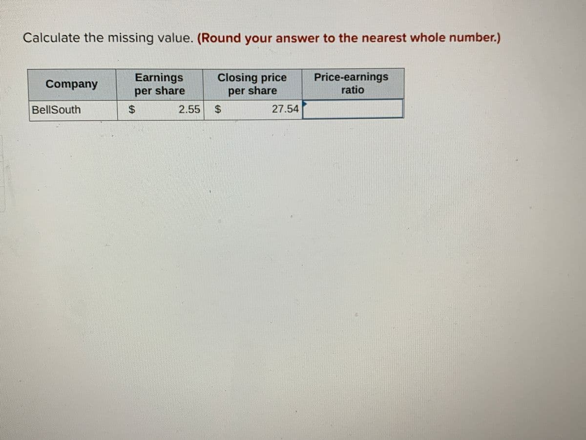 Calculate the missing value. (Round your answer to the nearest whole number.)
Earnings
per share
Closing price
per share
Price-earnings
ratio
Company
BellSouth
2.55
27.54
%24
%24
