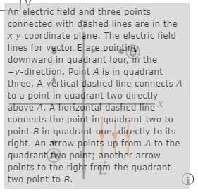 An electric field and three points
connected with dashed lines are in the
xy coordinate plane. The electric field
lines for vector Elare pointing
downward in quadrant four, in the
-y-direction. Point A is in quadrant
three. A vertical dashed line connects A
to a point in quadrant two directly
above A. A horizontal dashed line
connects the point in quadrant two to
point B in quadrant one, directly to its
right. An arrow points up from A to the
quadrant two point; another arrow
points to the right from the quadrant
two point to B.
