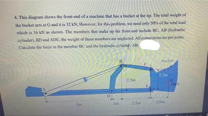 4. This diagram shows the front-end of a machine that has a bucket at the tip. The total weight of
the bucket acts at G and it is 32 kN; However, for this problem, we need only 50% of the total load
which is 16 kN as shown. The members that make up the front-end include BC, AB (hydraulic
cylinder), BD and ADE; the weight of these members are neglected. All connections are pin joints.
Calculate the force in the member BC and the hydraulie cylindar, AB.
bucket
2.2m
2.5m
16KN
2.0m
Im
2.5m
5m
