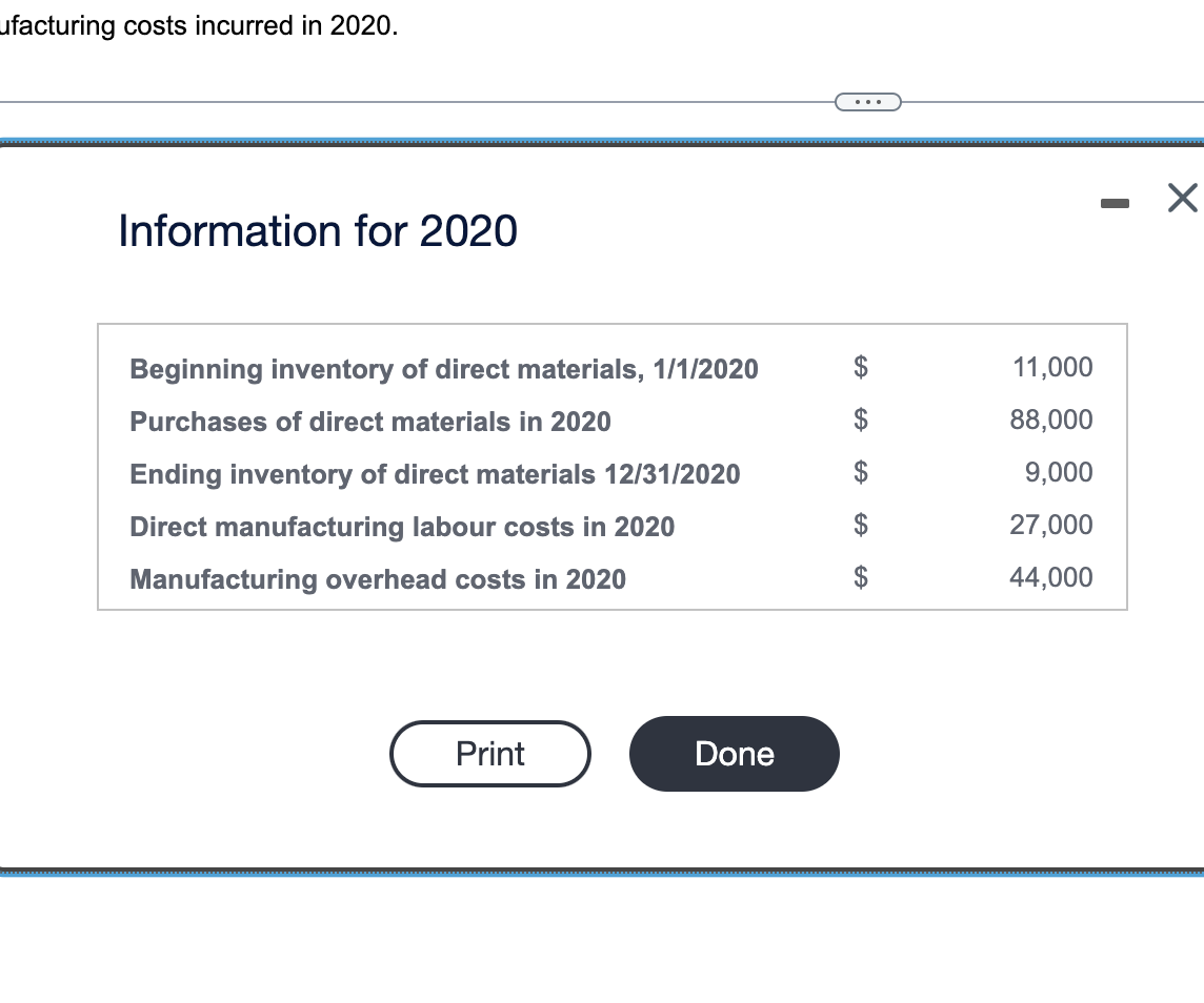 ufacturing costs incurred in 2020.
Information for 2020
Beginning inventory of direct materials, 1/1/2020
Purchases of direct materials in 2020
Ending inventory of direct materials 12/31/2020
Direct manufacturing labour costs in 2020
Manufacturing overhead costs in 2020
Print
Done
GA
SA
SA
11,000
88,000
9,000
27,000
44,000
X