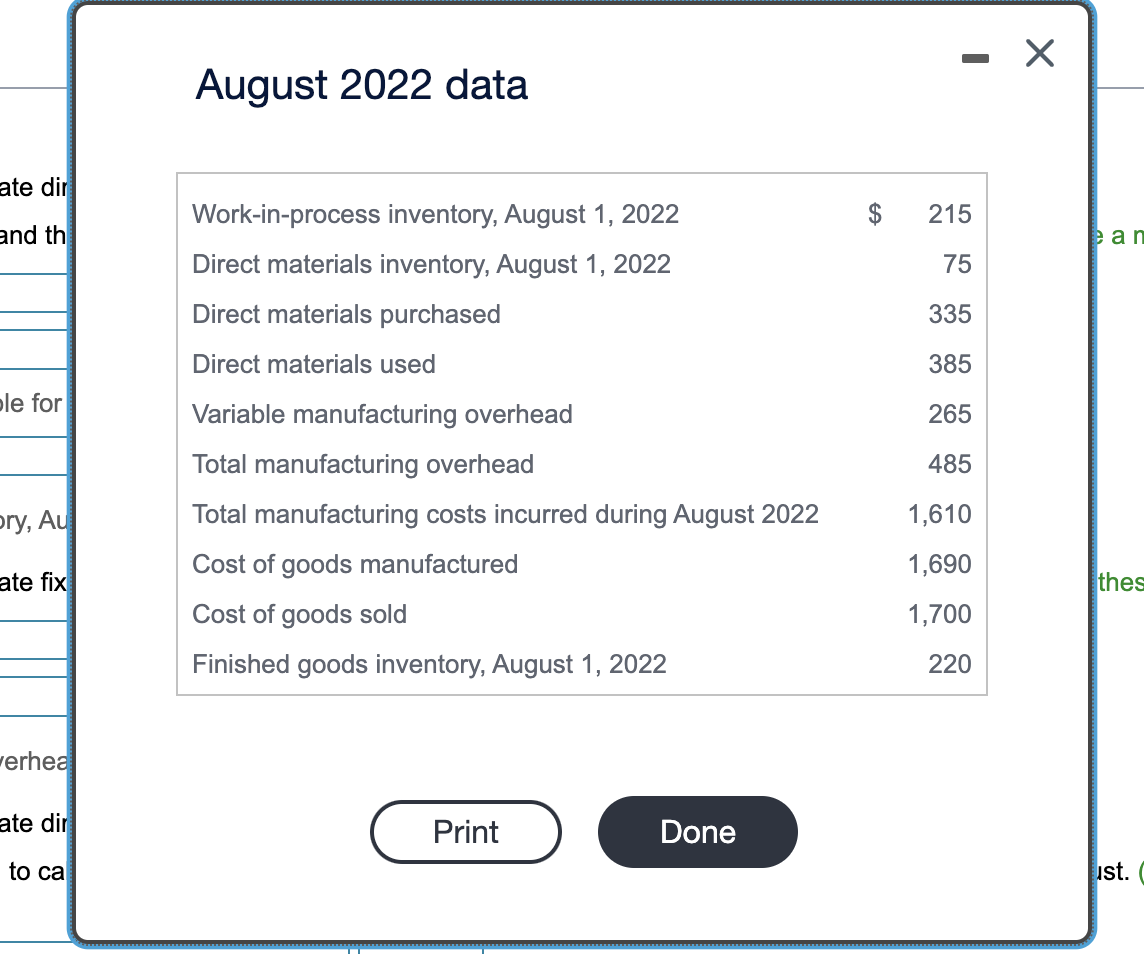 ate dir
and th
ble for
ory, Au
ate fix
verhea
ate dir
to ca
August 2022 data
Work-in-process inventory, August 1, 2022
Direct materials inventory, August 1, 2022
Direct materials purchased
Direct materials used
Variable manufacturing overhead
Total manufacturing overhead
Total manufacturing costs incurred during August 2022
Cost of goods manufactured
Cost of goods sold
Finished goods inventory, August 1, 2022
Print
Done
215
75
335
385
265
485
1,610
1,690
1,700
220
X
ean
thes
ust.