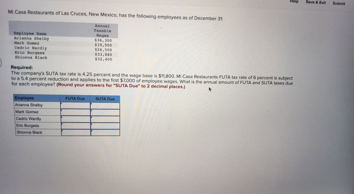 Mi Casa Restaurants of Las Cruces, New Mexico, has the following employees as of December 31:
Annual
Taxable
Wages
$36,300
Employee Name
Arianna Shelby
Mark Gomez
Cedric Wardly
Eric Burgess
Shionna Black
Employee
Arianna Shelby
Mark Gomez
Cedric Wardly
Eric Burgess
Shionna Black
$19,900
$26,500
$33,880
$32,400
Required:
The company's SUTA tax rate is 4.25 percent and the wage base is $11,800. Mi Casa Restaurants FUTA tax rate of 6 percent is subject
to a 5.4 percent reduction and applies to the first $7,000 of employee wages. What is the annual amount of FUTA and SUTA taxes due
for each employee? (Round your answers for "SUTA Due" to 2 decimal places.)
FUTA Due
Help
SUTA Due
Save & Exit
Submit