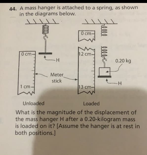 44. A mass hanger is attached to a spring, as shown
in the diagrams below.
О ст-
0 cm-
12 cm
0.20 kg
Meter
stick
-H
1 cm
13 ст-
Unloaded
Loaded
What is the magnitude of the displacement of
the mass hanger H after a 0.20-kilogram mass
is loaded on it? [Assume the hanger is at rest in
both positions.]
helle
lllbe
