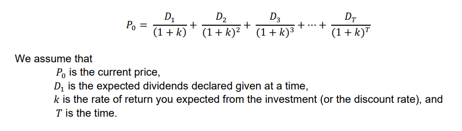 D1
D2
D3
(1 + k)³
DT
Po
+
(1 + k)
+ ..+
(1+ k)?
(1 + k)"
We assume that
P, is the current price,
D, is the expected dividends declared given at a time,
k is the rate of return you expected from the investment (or the discount rate), and
T is the time.
