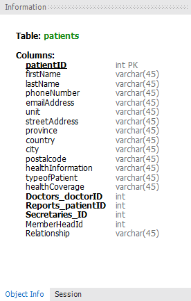 Information
Table: patients
Columns:
int PK
varchar(45)
varchar(45)
varchar(45)
varchar(45)
varchar(45)
varchar(45)
varchar(45)
varchar(45)
varchar(45)
varchar(45)
varchar(45)
patientID
firstName
lastName
phoneNumber
emailAddress
unit
streetAddress
province
country
city
postalcode
healthInformation
typeofPatient
healthCoverage
Doctors_doctorID
Reports_patientID int
Secretaries_ID
MemberHeadId
Relationship
varchar(45)
int
int
int
varchar(45)
Object Info Session
