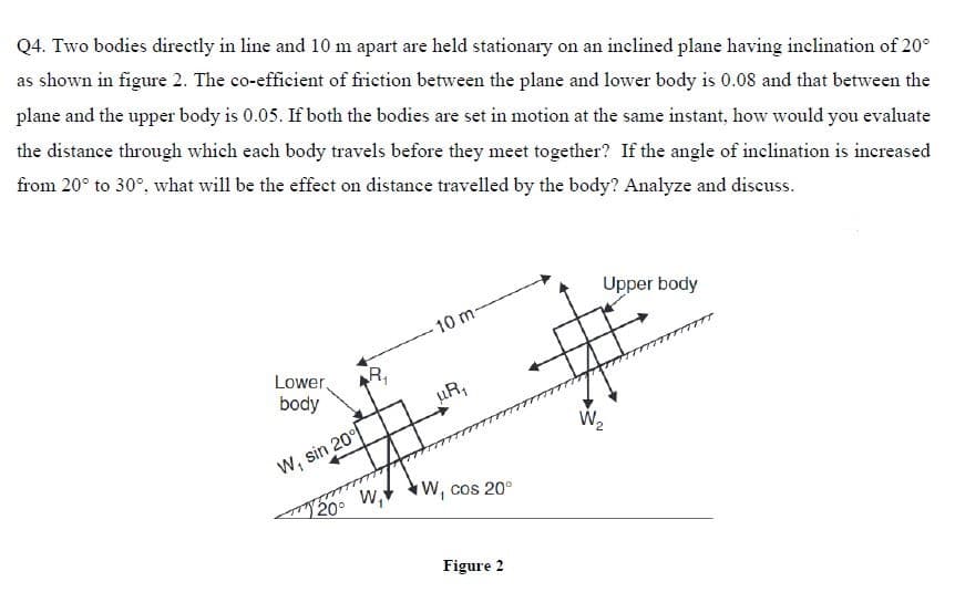 Q4. Two bodies directly in line and 10 m apart are held stationary on an inclined plane having inclination of 20°
as shown in figure 2. The co-efficient of friction between the plane and lower body is 0.08 and that between the
plane and the upper body is 0.05. If both the bodies are set in motion at the same instant, how would you evaluate
the distance through which each body travels before they meet together? If the angle of inclination is increased
from 20° to 30°, what will be the effect on distance travelled by the body? Analyze and discuss.
