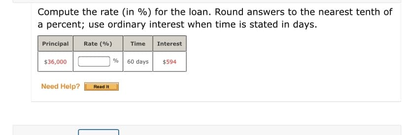 Compute the rate (in %) for the loan. Round answers to the nearest tenth of
a percent; use ordinary interest when time is stated in days.
Principal
Rate (%)
Time
Interest
$36,000
%
60 days
$594
Need Help?
Read It
