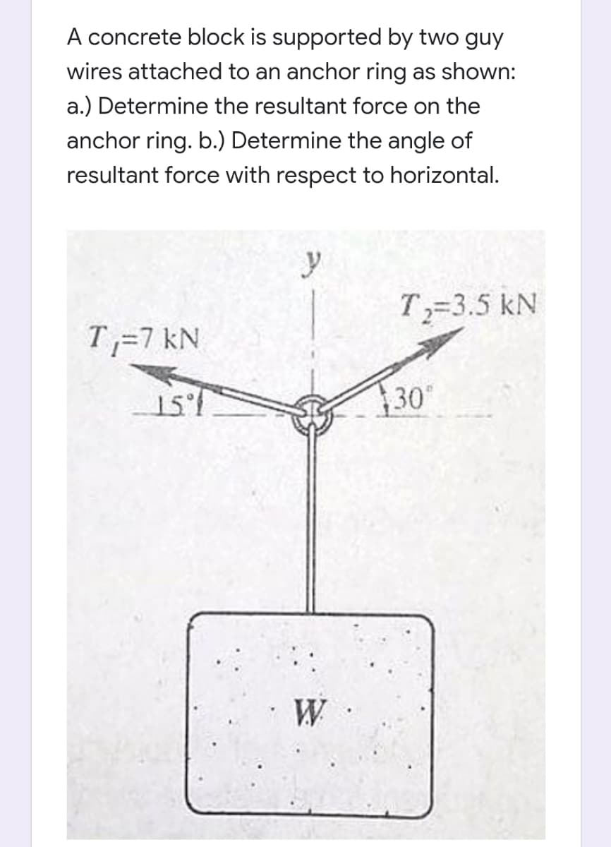 A concrete block is supported by two guy
wires attached to an anchor ring as shown:
a.) Determine the resultant force on the
anchor ring. b.) Determine the angle of
resultant force with respect to horizontal.
y
T2=3.5 kN
T=7 kN
151
30
W
