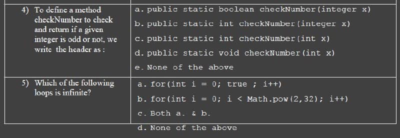 a. public static boolean checkNumber (integer x)
4) To definc a mcthod
checkNumber to check
b. public static int checkNumber (integer x)
and return if a given
integer is odd or not, we
c. public static int checkNumber (int x)
write the header as :
d. public static void checkNumber (int x)
e. None of the above
5) Which of the following
loops is infinite?
a. for (int i
0; true ; i++)
b. for (int i
0; i < Math.pow (2, 32); i++)
c. Both a.
& b.
d. None of the above
