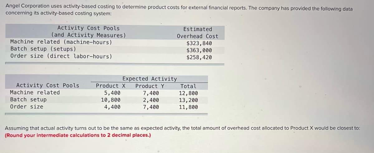 Angel Corporation uses activity-based costing to determine product costs for external financial reports. The company has provided the following data
concerning its activity-based costing system:
Activity Cost Pools
(and Activity Measures)
Machine related (machine-hours)
Estimated
Overhead Cost
$323,840
$363,000
$258,420
Batch setup (setups)
Order size (direct labor-hours)
Expected Activity
Activity Cost Pools
Machine related
Product X
Product Y
Total
5,400
10,800
4,400
7,400
2,400
7,400
12,800
Batch setup
13,200
11,800
Order size
Assuming that actual activity turns out to be the same as expected activity, the total amount of overhead cost allocated to Product X would be closest to:
(Round your intermediate calculations to 2 decimal places.)
