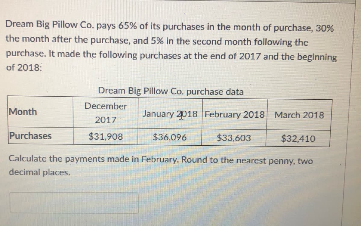 Dream Big Pillow Co. pays 65% of its purchases in the month of purchase, 30%
the month after the purchase, and 5% in the second month following the
purchase. It made the following purchases at the end of 2017 and the beginning
of 2018:
Dream Big Pillow Co. purchase data
December
Month
January 2018 February 2018 March 2018
2017
Purchases
$31,908
$36,096
$33,603
$32,410
Calculate the payments made in February. Round to the nearest penny, two
decimal places.
