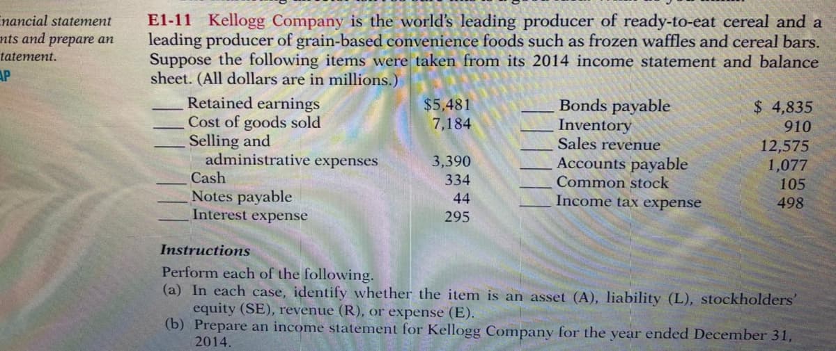 E1-11 Kellogg Company is the world's leading producer of ready-to-eat cereal and
leading producer of grain-based convenience foods such as frozen waffles and cereal bars
Suppose the following items were taken from its 2014 income statement and balance
sheet. (All dollars are in millions.)
Retained earnings
Cost of goods sold
Selling and
administrative expenses
Bonds payable
Inventory
Sales revenue
$5,481
7,184
$ 4,835
910
12,575
1,077
Accounts payable
Common stock
Income tax expense
3,390
Cash
334
105
Notes payable
Interest expense
44
498
295
Instructions
Perform each of the following.
(a) In each case, identify whether the item is an asset (A), liability (L), stockholders'
equity (SE), revenue (R), or expense (E).
(b) Prepare an income statement for Kellogg Company for the year ended December 31.
