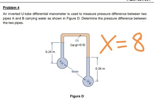 Problem 4
An inverted U-tube differential manometer is used to measure pressure difference between two
pipes A and B carrying water as shown in Figure D. Determine the pressure difference between
the two pipes.
X= 8
Oil
(sp-gr=0.9)
0.2X'm
0.3X m
Water
t.
Figure D
