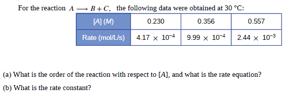 For the reaction A → B+C, the following data were obtained at 30 °C:
[A] (M)
0.230
0.356
0.557
Rate (mol/L/s) 4.17 x 10-4
9.99 x 10-4
2.44 x 10-3
(a) What is the order of the reaction with respect to [A], and what is the rate equation?
(b) What is the rate constant?
