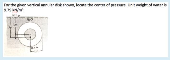 For the given vertical annular disk shown, locate the center of pressure. Unit weight of water is
9.79 kN/m.
3m
YP
0.6
Im-
