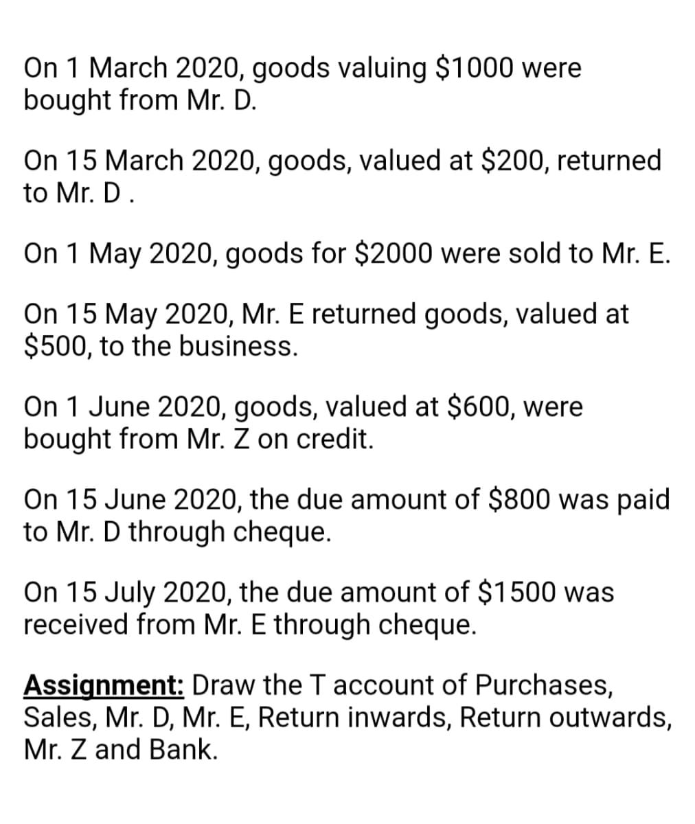 On 1 March 2020, goods valuing $1000 were
bought from Mr. D.
On 15 March 2020, goods, valued at $200, returned
to Mr. D.
On 1 May 2020, goods for $2000 were sold to Mr. E.
On 15 May 2020, Mr. E returned goods, valued at
$500, to the business.
On 1 June 2020, goods, valued at $600, were
bought from Mr. Z on credit.
On 15 June 2020, the due amount of $800 was paid
to Mr. D through cheque.
On 15 July 2020, the due amount of $1500 was
received from Mr. E through cheque.
Assignment: Draw the T account of Purchases,
Sales, Mr. D, Mr. E, Return inwards, Return outwards,
Mr. Z and Bank.
