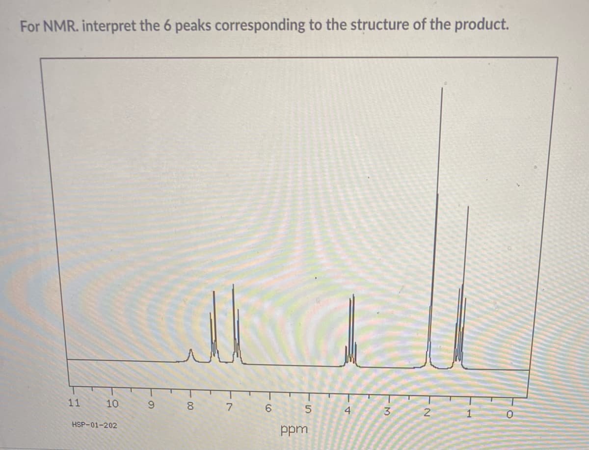 For NMR. interpret the 6 peaks corresponding to the structure of the product.
11
10
HSP-01-202
9
all
- 00
8
7
6
5
ppm
4
3
2
0