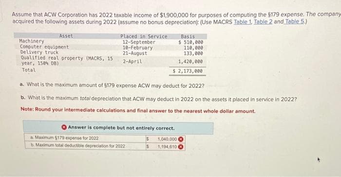 Assume that ACW Corporation has 2022 taxable income of $1,900,000 for purposes of computing the $179 expense. The company
acquired the following assets during 2022 (assume no bonus depreciation): (Use MACRS Table 1, Table 2 and Table 5.)
Asset
Machinery
Computer equipment
Delivery truck
Qualified real property (MACRS, 15
year, 150% DB)
Total
Placed in Service
12-September
10-February
21-August
2-April
Basis
$ 510,000
110,000
133,000
1,420,000
$ 2,173,000
a. What is the maximum amount of $179 expense ACW may deduct for 2022?
b. What is the maximum total depreciation that ACW may deduct in 2022 on the assets it placed in service in 2022?
Note: Round your intermediate calculations and final answer to the nearest whole dollar amount.
Answer is complete but not entirely correct.
$
1,040,000
$
1,194,610
a. Maximum $179 expense for 2022
b. Maximum total deductible depreciation for 2022