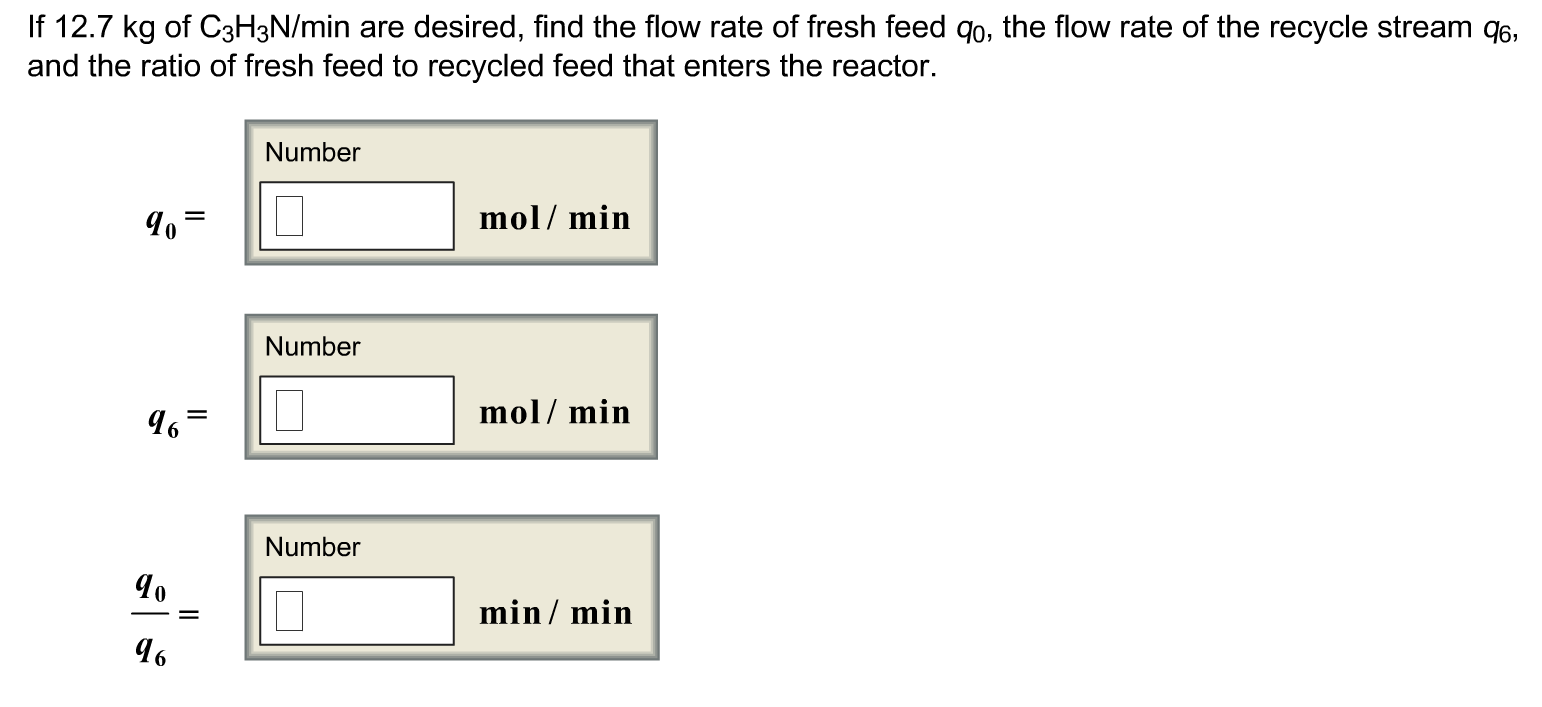 If 12.7 kg of C3H3N/min are desired, find the flow rate of fresh feed qo, the flow rate of the recycle stream q6,
and the ratio of fresh feed to recycled feed that enters the reactor.
Number
mol/ min
Number
mol/ min
96 =
Number
min / min
- 3=
96
