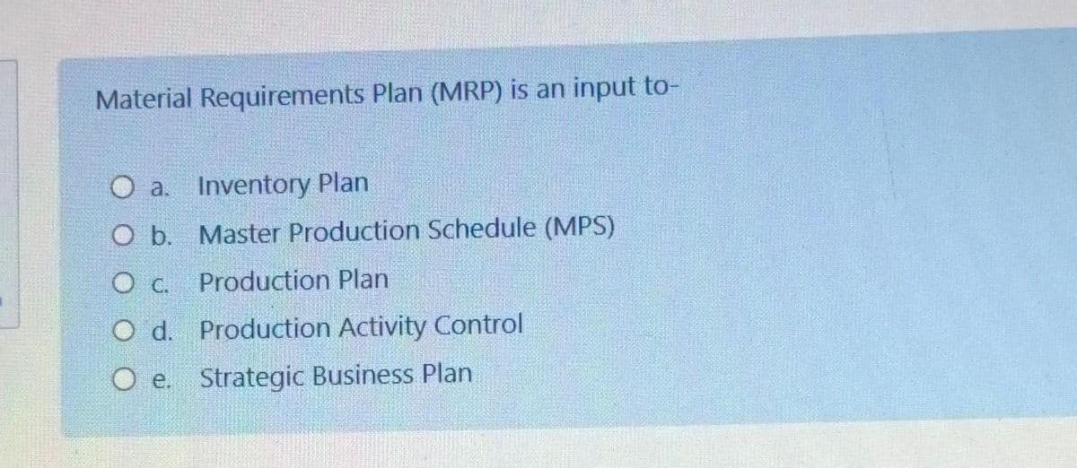 Material Requirements Plan (MRP) is an input to-
O a. Inventory Plan
O b. Master Production Schedule (MPS)
O c. Production Plan
O d. Production Activity Control
O e. Strategic Business Plan
