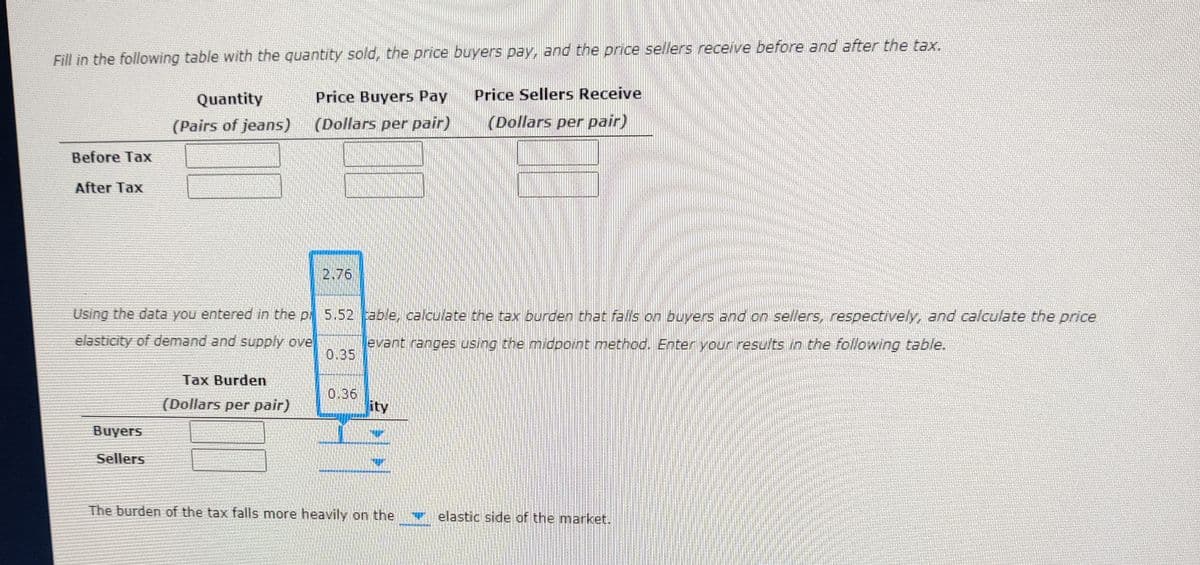 Fill in the following table with the quantity sold, the price buyers pay, and the price sellers receive before and after the tax.
Quantity
Price Buyers Pay
Price Sellers Receive
(Pairs of jeans)
(Dollars per pair)
(Dollars per pair)
Before Tax
After Tax
2.76
Using the data you entered in the p 5.52 able, calculate the rax burden that falls on buyers and on sellers, respectively, and calculate the price
elasticity of demand and supply ove
evant ranges using the midpoint method. Enter your results in the following table.
0.35
Tax Burden
(Dollars per pair)
0.36
ity
Buyers
Sellers
The burden of the tax falls mor
heavily on the
elastic side of the market.

