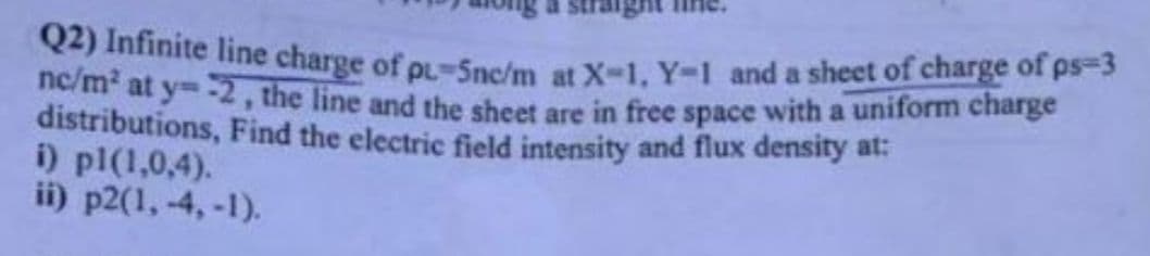 Q2) Infinite line charge of pu-5nc/m at X-1, Y-1 and a sheet of charge of ps-3
nc/m² at y=-2, the line and the sheet are in free space with a uniform charge
distributions, Find the electric field intensity and flux density at:
i) pl(1,0,4).
ii) p2(1, -4, -1).