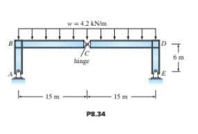 w = 4.2 kN/m
6 m
hinge
15 m
15 m
P8.34
