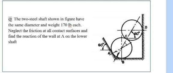 Q The two-steel shaft shown in figure have
the same diameter and weight 170 lb cach.
Neglect the friction at all contact surfaces and
find the reaction of the wall at A on the lower
shaft

