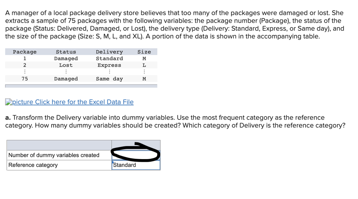 A manager of a local package delivery store believes that too many of the packages were damaged or lost. She
extracts a sample of 75 packages with the following variables: the package number (Package), the status of the
package (Status: Delivered, Damaged, or Lost), the delivery type (Delivery: Standard, Express, or Same day), and
the size of the package (Size: S, M, L, and XL). A portion of the data is shown in the accompanying table.
Package
Status
Delivery
Size
1
Damaged
Standard
M
2
Lost
Express
L
75
Damaged
Same day
M
picture Click here for the Excel Data File
a. Transform the Delivery variable into dummy variables. Use the most frequent category as the reference
category. How many dummy variables should be created? Which category of Delivery is the reference category?
Number of dummy variables created
Reference category
Standard
