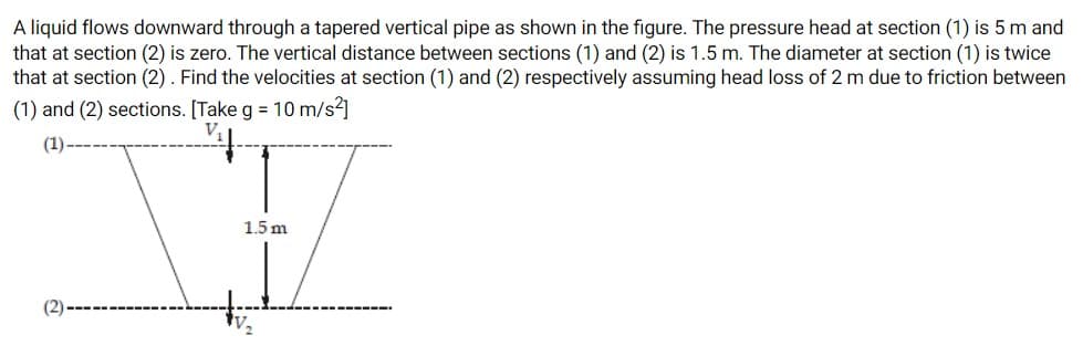 A liquid flows downward through a tapered vertical pipe as shown in the figure. The pressure head at section (1) is 5 m and
that at section (2) is zero. The vertical distance between sections (1) and (2) is 1.5 m. The diameter at section (1) is twice
that at section (2). Find the velocities at section (1) and (2) respectively assuming head loss of 2 m due to friction between
(1) and (2) sections. [Take g = 10 m/s²]
(1)
1.5 m
(2)
