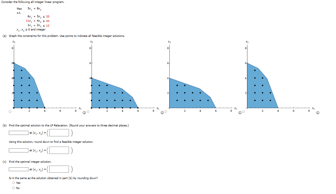 Consider the following all-integer linear program.
SX, nhi Bằng
6x₂ + 5x₂ ≤ 35
11x₂ + 4x₂ ≤ 44
1x + 2x₂ ≤ 12
X₁ X₂20 and integer
(a) Graph the constraints for this problem. Use points to indicate all feasible integer solutions.
X₂
Max
s.t.
8
6
(c) Find the optimal integer solution.
] at (x₁, x₂) = (
8
X₂
8
6
O
(b) Find the optimal solution to the LP Relaxation. (Round your answers to three decimal places.)
| at (x₁, x₂) = |
Using this solution, round down to find a feasible integer solution.
at (x₁, x₂) =
2
Is it the same as the solution obtained in part (b) by rounding down?
O Ves
O No
X₂
2
4
8
X₁
8
6
2
2
4
6
8
X₁
O