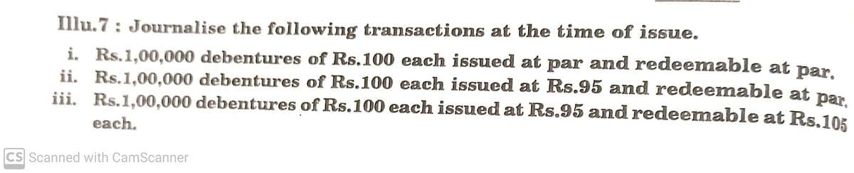 Illu.7: Journalise the following transactions at the time of issue.
i. Rs.1,00,000 debentures of Rs.100 each issued at par and redeemable at par.
ii. Rs.1,00,000 debentures of Rs.100 each issued at Rs.95 and redeemable at ar
iii. Rs.1,00,000 debentures of Rs.100 each issued at Rs.95 and redeemable at Rs,105
each.
CS Scanned with CamScanner
