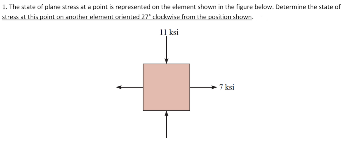 1. The state of plane stress at a point is represented on the element shown in the figure below. Determine the state of
stress at this point on another element oriented 27° clockwise from the position shown.
11 ksi
7 ksi
