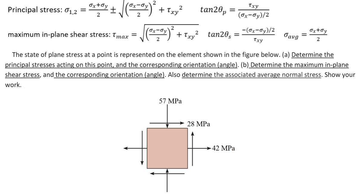 Principal stress: 01,2
Ox+0y
tan20, =
Txy
2
(Ox-0y)/2
2
maximum in-plane shear stress: Tmax
*) :
+ Txy? tan20s
-(0x-0y)/2
Ox+0y
σανg
Txy
2
The state of plane stress at a point is represented on the element shown in the figure below. (a) Determine the
principal stresses acting on this point, and the corresponding orientation (angle). (b) Determine the maximum in-plane
shear stress, and the corresponding orientation (angle). Also determine the associated average normal stress. Show your
work.
57 MPa
28 MPa
42 MPa
