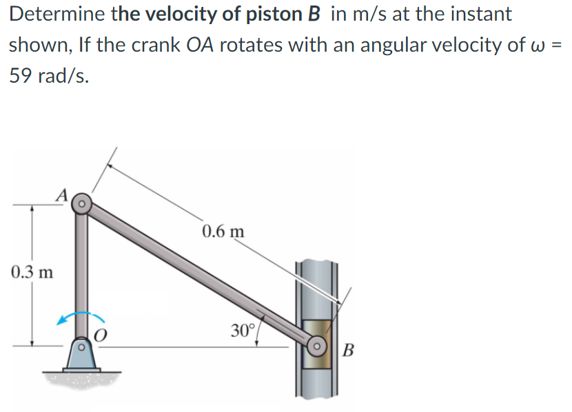 Determine the velocity of piston B in m/s at the instant
shown, If the crank OA rotates with an angular velocity of w =
59 rad/s.
0.6 m
0.3 m
30°
B
