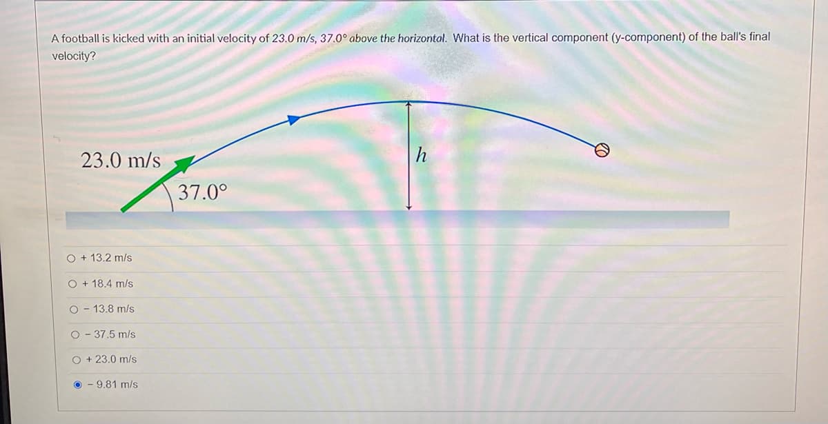 A football is kicked with an initial velocity of 23.0 m/s, 37.0° above the horizontal. What is the vertical component (y-component) of the ball's final
velocity?
23.0 m/s
h
37.0°
O + 13.2 m/s
O + 18.4 m/s
O - 13.8 m/s
O - 37.5 m/s
O + 23.0 m/s
O - 9.81 m/s
