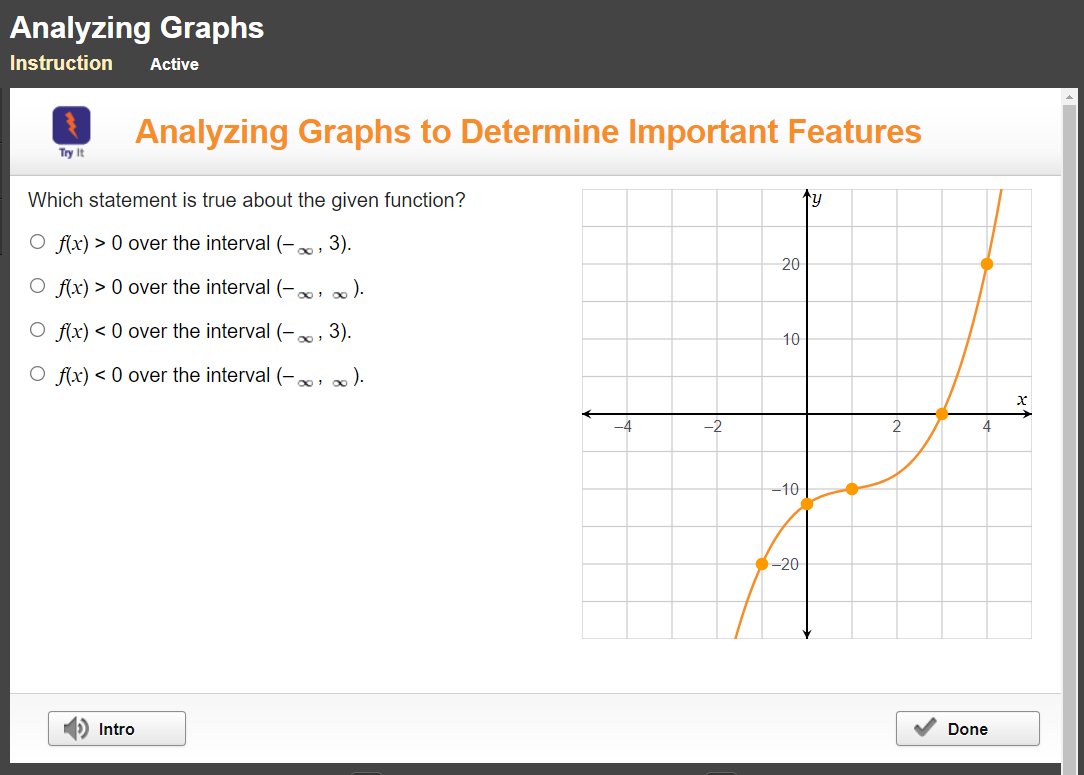 Analyzing Graphs
Instruction
Active
Analyzing Graphs to Determine Important Features
Try It
Which statement is true about the given function?
ty
O f(x) > 0 over the interval (-,
3).
20
O f(x) > 0 over the interval (-,).
O flx) < 0 over the interval (-,
3).
10
O f(x) < 0 over the interval (-,).
-4
-2
4
-10
-20
1) Intro
Done
