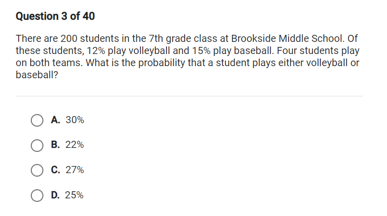 Question 3 of 40
There are 200 students in the 7th grade class at Brookside Middle School. Of
these students, 12% play volleyball and 15% play baseball. Four students play
on both teams. What is the probability that a student plays either volleyball or
baseball?
А. 30%
В. 22%
C. 27%
D. 25%
