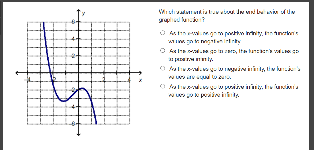 Which statement is true about the end behavior of the
graphed function?
O As the x-values go to positive infinity, the function's
values go to negative infinity.
O As the x-values go to zero, the function's values go
-2-
to positive infinity.
O As the x-values go to negative infinity, the function's
values are equal to zero.
2.
O As the x-values go to positive infinity, the function's
values go to positive infinity.
--4-
