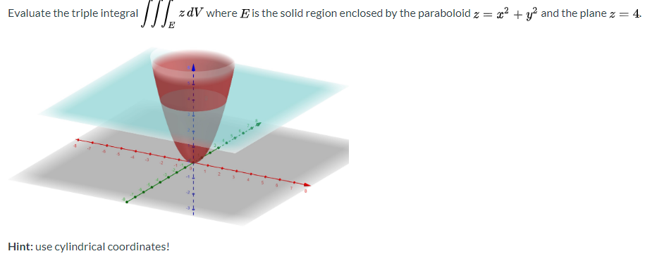 Evaluate the triple integral /| z dV where E is the solid region enclosed by the paraboloid z = x? + y? and the plane z = 4.
Hint: use cylindrical coordinates!
