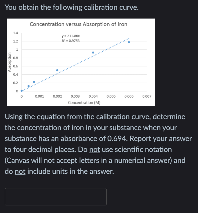 You obtain the following calibration curve.
Concentration versus Absorption of Iron
1.4
y = 211.86x
R = 0.9753
1.2
1
0.8
0.6
0.4
0.2
0.001
0.002
0.003
0.004
0.005
0.006
0.007
Concentration (M)
Using the equation from the calibration curve, determine
the concentration of iron in your substance when your
substance has an absorbance of 0.694. Report your answer
to four decimal places. Do not use scientific notation
(Canvas will not accept letters in a numerical answer) and
do not include units in the answer.
Absorption

