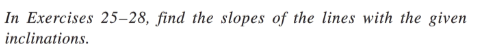 In Exercises 25–28, find the slopes of the lines with the given
inclinations.
