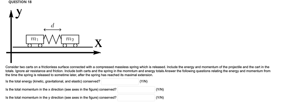 QUESTION 18
у
M1
d
IM
M2
X
Consider two carts on a frictionless surface connected with a compressed massless spring which is released. Include the energy and momentum of the projectile and the cart in the
totals. Ignore air resistance and friction. Include both carts and the spring in the momntum and energy totals Answer the following questions relating the energy and momentum from
the time the spring is released to sometime later, after the spring has reached its maximal extension.
Is the total energy (kinetic, gravitational, and elastic) conserved?
(Y/N)
Is the total momentum in the x direction (see axes in the figure) conserved?
Is the total momentum in the y direction (see axes in the figure) conserved?
(Y/N)
(Y/N)
