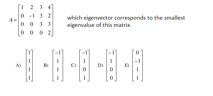 [1 2
3 4
0 -1 3 2
which eigenvector corresponds to the smallest
eigenvalue of this matrix
A =
3 3
0 2
1
A)
-1
E)
1
D)
B)
1
