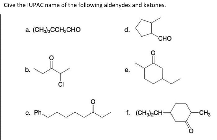 Give the IUPAC name of the following aldehydes and ketones.
a. (CH3)3CCH,CHO
d.
сно
b.
е.
c. Ph.
f. (CH3)2CH-
-CH3
